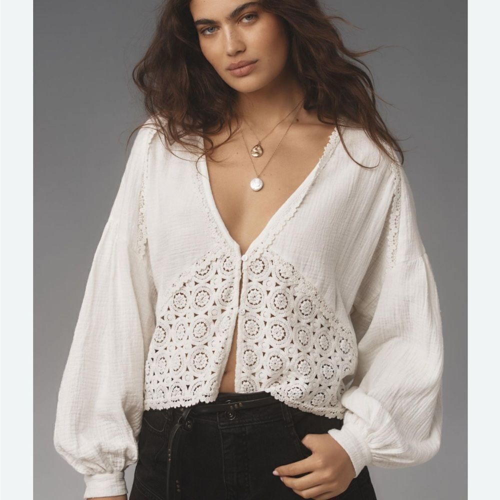 Anthropologie women’s‎ one size bohemian lace long sleeve gauze top NEW white